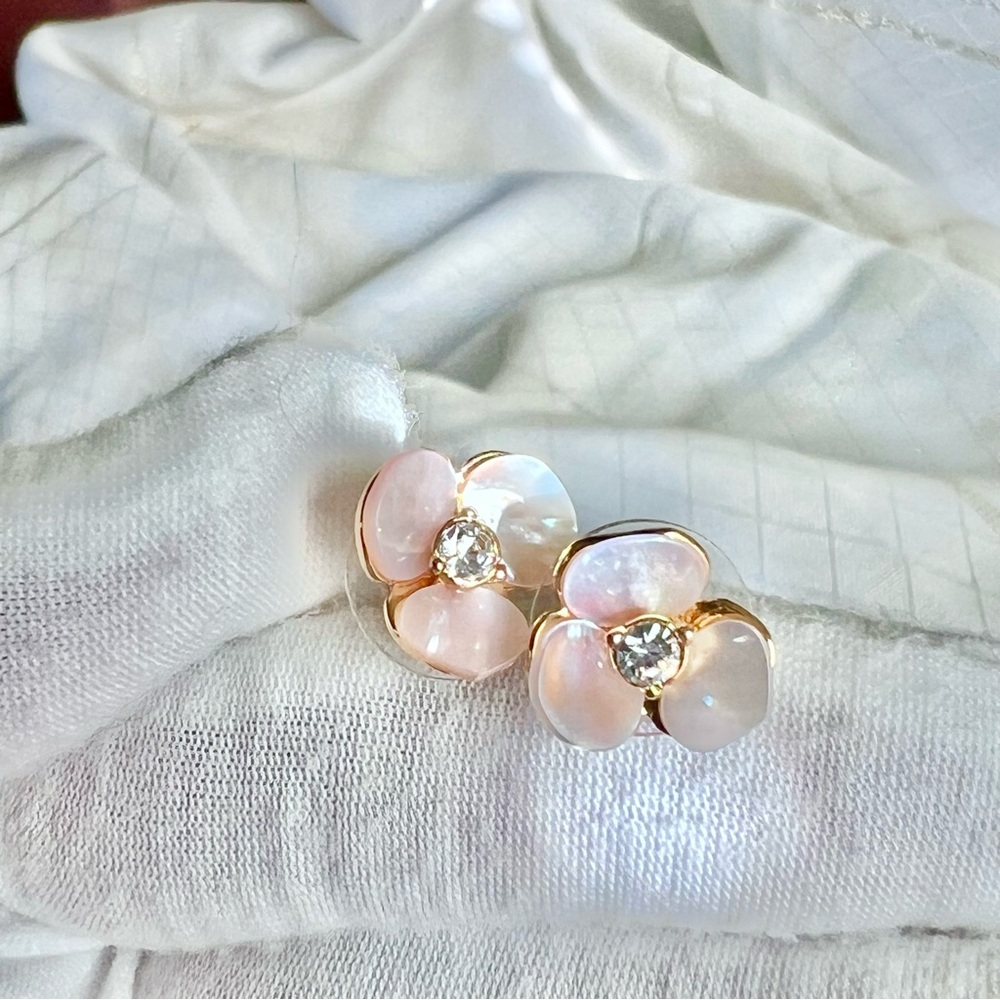 Kate Spade Mother of Pearl Pansy Flower Stud Earrings w Crystal Centers